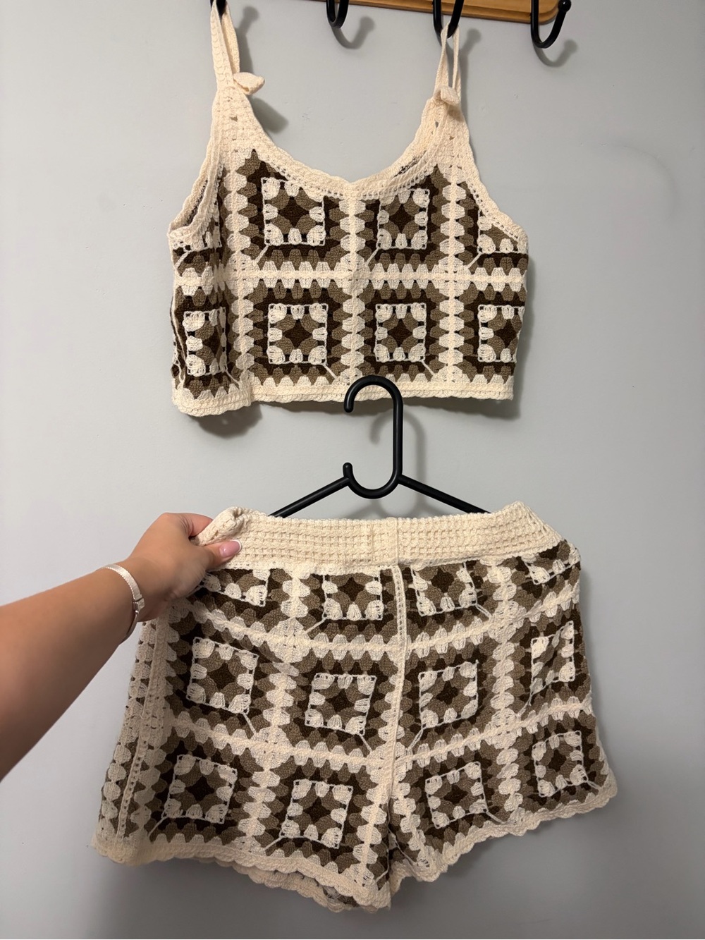 Rebellion Crochet High-Waist Shorts Set - Cream & Brown